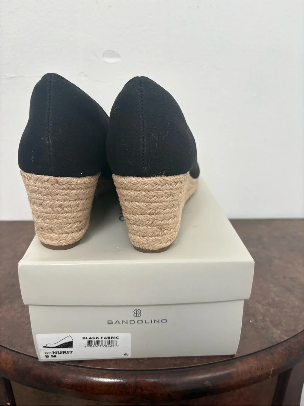 NEW Bandolino Nuri 7 Black Fabric Peep Toe Espadrille Wedge Pumps Women 8M